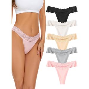 voenxe Seamless Thong for Women,No Show Lace Underwear,Ladies Breathable Comfort Panties Soft Laser Cut Undies,Tanga,5-Pack (Small, Basic)