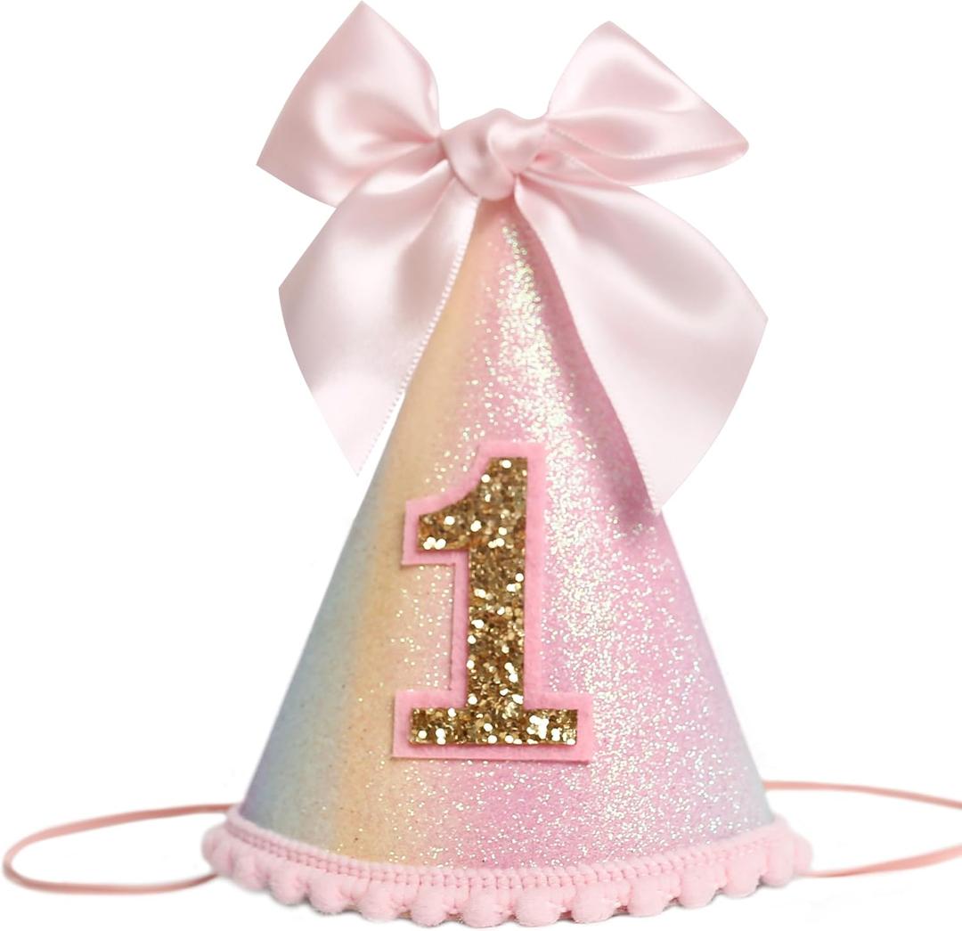 HGFC Birthday Decorations - Pink Bow 1st Birthday Hat For Girls,First Birthday Crown,1/2 birthday decorations,Photo Prop