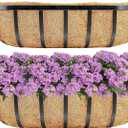 Y&M 2pcs 24 Inch Window Deck with Coco Liner, 24" Window Boxes Horse Trough with Coconut Coir Liner, Black Metal Hanging Flower Planter Window Basket Deck Railing Planter Boxes for Outdoor Indoor