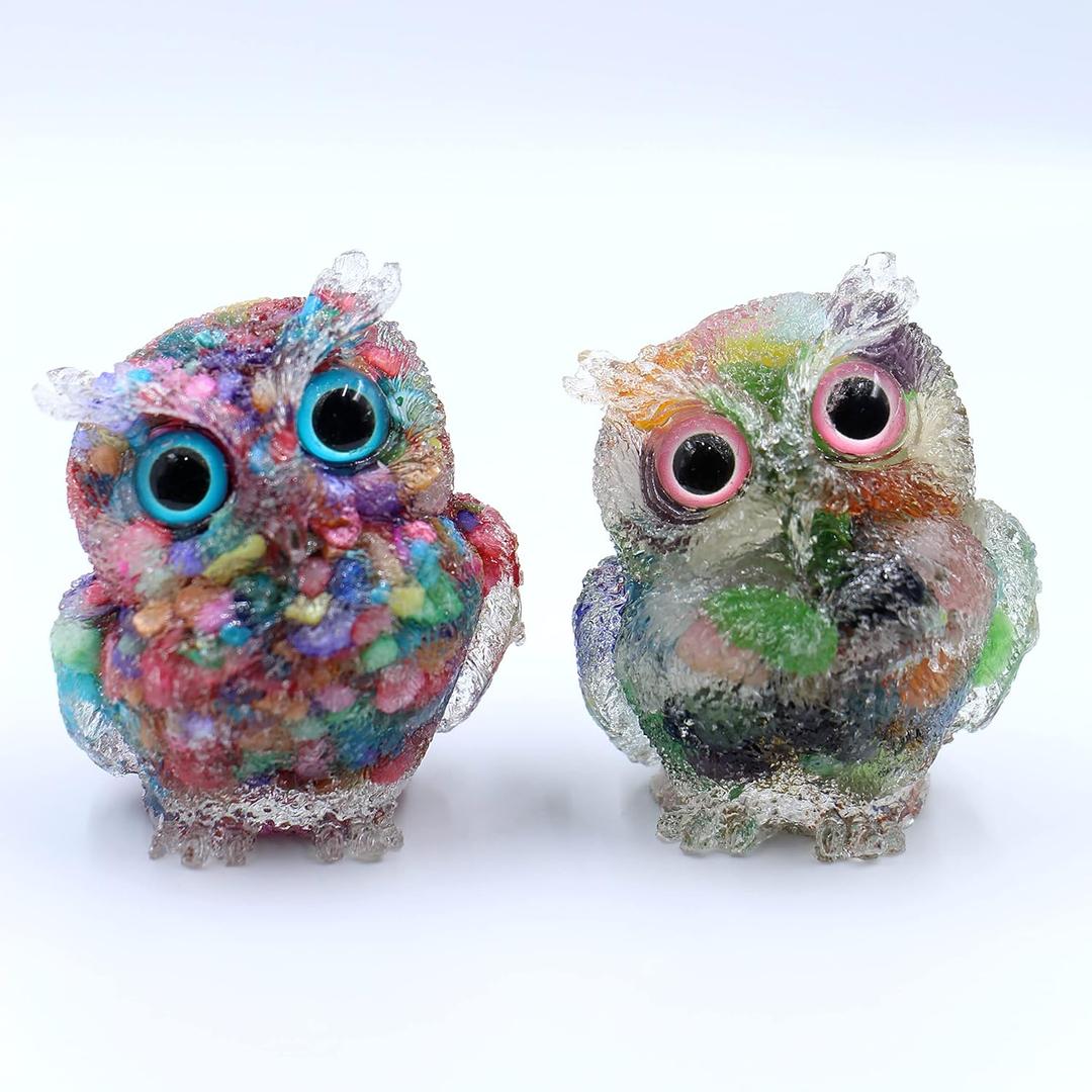 2.5'' Handcrafted Owl Natural Crystal Stone Epoxy Resin Figurines, Collectibles of Colorful Crystal Owl Ornaments 2pcs, Gifts Desktop Decoration for Home Decor and Reiki (Rainbow Couple)
