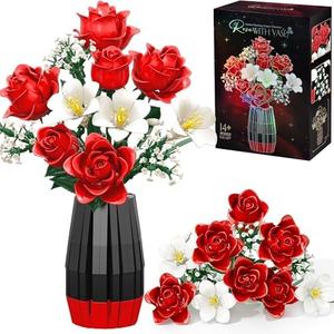 Roses Flower Bouquet Building Blocks with Vase, Valentines Day Gifts for Her Wife Him, 1077PCS Botanical Collection Artificial Flower Birthday Gifts for Women Men Husband Mom Teen Girls Teacher Adults