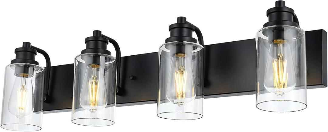 4-Light Bathroom Vanity Light, 28" Black Bathroom Lighting Fixture with Clear Glass Shades, Modern Wall Lamp for Bathroom Mirror, Bedroom, Hallway, Living Room, Cabinet
