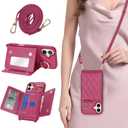 for iPhone 16 Plus Case with Card Holder and Strap for Women,Crossbody Lanyard, Make Up Mirror,Ring Stand,Snap Clasp,Cute Phone Wallet Cases 6.7 inch - Rose red