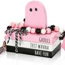 Pink Halloween Decorations 5PCS Table Centerpieces, Cute Girlie Tabletop Halloween Decor for Tiered Tray Shelf Mantel Fire Place Office Desk Rustic Farmhouse Wood Faux Book Stack and Ghosts Sign
