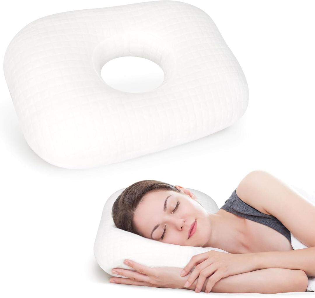 RoamReady Ear Piercing Pillow for Side Sleepers, Ear Pillows with Holes for Pain, Earring Inflammation Pressure Sores, Cotton Earring Pillow for CNH Side Sleepers with Zipper (White)