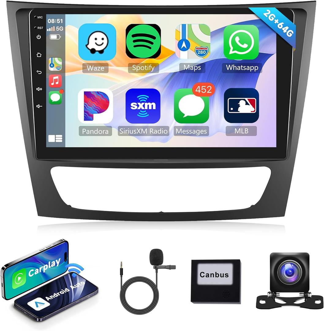 2G+64G Android Car Radio Stereo for Mercedes Benz E Class W211 E200 CLS W219 2002-2009 with Wireless Carplay Android Auto, 9 inch Mirror Link GPS WiFi Bluetooth FM RDS EQ Backup Camera