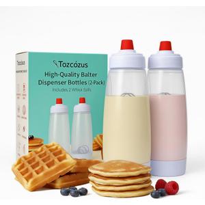 Pancake Batter Dispenser & Mixer/Shaker Bottles, 2-Pack (1000mL Each) – Whisk Ball, No-Drip Silicone Tip, Leakproof, Dishwasher-Safe, BPA-Free – For Pancakes, Waffles, Crepes, Muffins