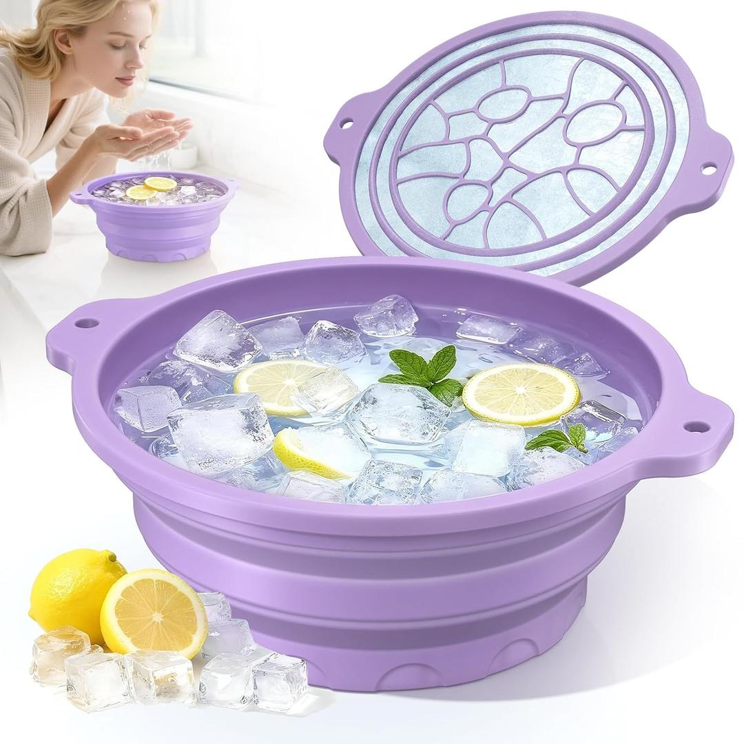Face Bowl for Ice with Built-in Ice Tray  Collapsible Silicone Facial Ice Bath Bowl for Cold Plunge Therapy, Skin Tightening & Acne Relief  Portable Spa Tool for Home & Travel(Purple)