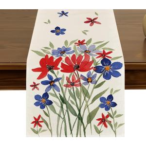 Watercolor 4th of July Patriotic Table Runner,72 Inches Eucalyptus Flowers Poppy Memorial Day Independence Day Holiday Kitchen Dinner Table Runners for Indoor Outdoor Party Decorations ZQ11, 13x72 inch