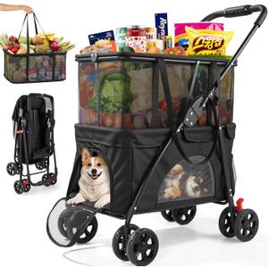 Keoslpy Upgraded Folding Shopping Cart & Pet Stroller 99 LB, 2-in-1 Personal Portable Shopping Cart with Removable Basket & Lower Dogs Stroller for Groceries, Laundry, Camping Pet Traveling