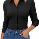 Aoudery Button Down Shirts for Women Slim Fit Long Sleeve Stretch Dress Shirts Work Shirt Wrinkle Free Office Blouse Top (Black, XL)