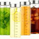 Glass Juice Bottles, 17 Oz Wide Mouth Reusable Borosilicate Glass Water Bottles Leak-Proof Stainless Steel Lid, Food Grade Safe, Fits in Cup Holder Juice Containers for Juicing, Gym, Daily Use 4 Pack