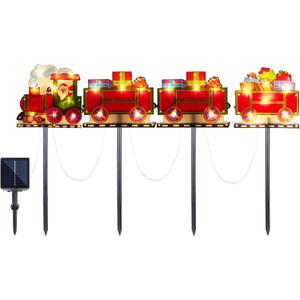 Solar Christmas Decorations with Led Lights, Solar Landscape Pathway Stakes Lights, Outdoor Christmas Decor for Garden, Yard, Porch (Train & Santa)