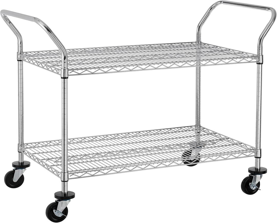 Finnhomy 2-Tier Commercial Grade Rolling Cart, Heavy Duty Utility Cart, Carts with Wheels and Handles, Kitchen Carts on Wheels, Metal Cart with 600 lbs Capacity, Shelf Size 24" D x 40" W, NSF