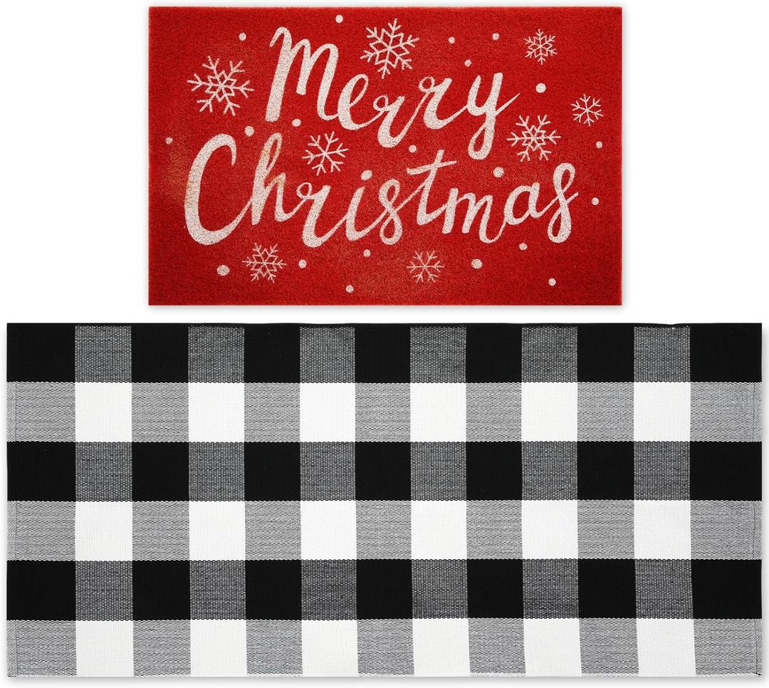 Maasechs 2 Pcs Christmas Doormat 24'' x 51'' Christmas Outdoor Rug and 18'' x 28'' Merry Christmas Coir Doormat Welcome Mat Xmas Non Slip Floor Mat for Outside Entrance Front Porch(Snowflake)
