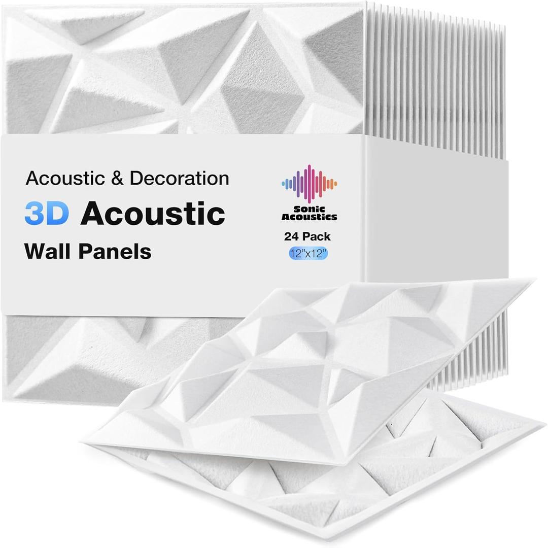 Acoustic 3D Wall Panels,24 Pack Sound Proof Felt Panels for Interior Wall Dcor, Hollow Sound Absorbing Panel for Studio, Living Room, Home, Hotel, 12''x12'' Cover 24 sq ft (White, 24 Pack)