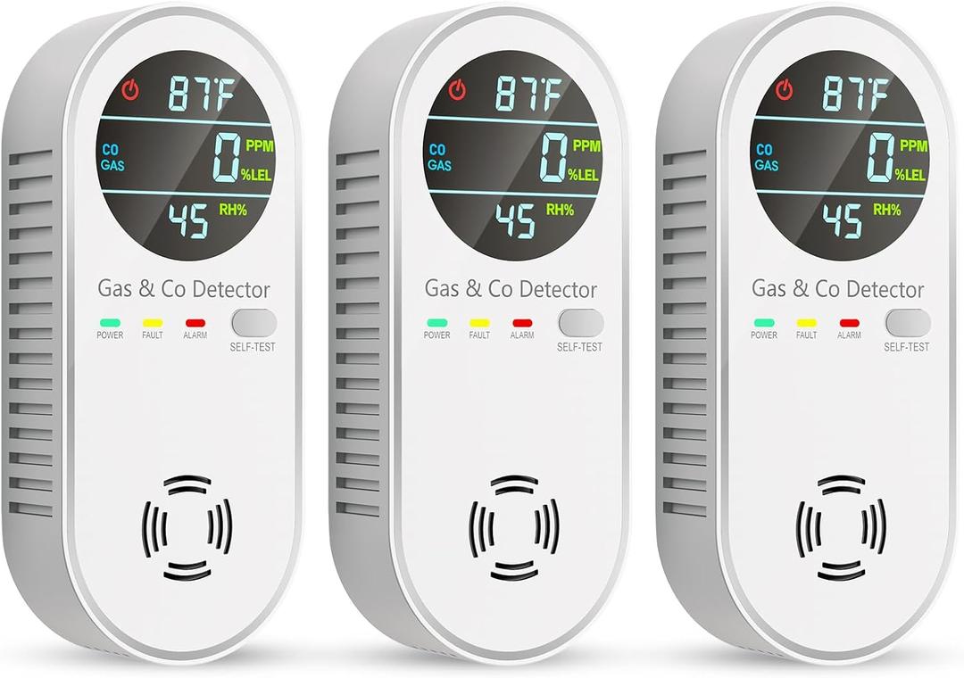 Carbon Monoxide Detectors & Natural Gas Detector, 4-in-1 Carbon Monoxide Detectors Plug in, Gas Leak Detector with Dual Alarms, Temperature & Humidity Sensor for Home, RV Essentials, White, 3 Packs