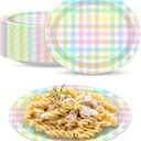 50Pcs Easter Oval Paper Plates Blue Pink Yellow Buffalo Plaid Dinner Plates Disposable Large Farmhouse Heavy Duty Paper Platter Colorful Plaid Dessert Plate for Seasonal Spring Party Supplies