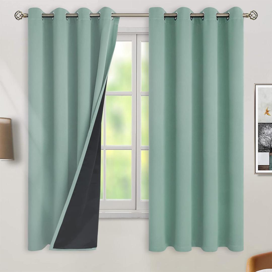 BGment Thermal Insulated 100% Blackout Curtains for Bedroom with Black Liner, Double Layer Full Room Darkening Noise Reducing Grommet Curtain (52 x 63 Inch, Frosty Green, 2 Panels)