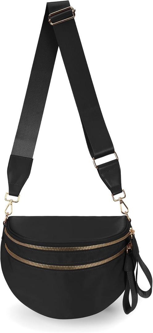 Spacious Nylon Crossbody Bag Bum Bag Handbags Wallets Purses Trendy Shoulder Bag for Women (Black)