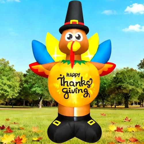 8FT Thanksgiving Inflatables Decorations Blow Up Turkey Pumpkin with LED Lights for Thanksgiving Festival Fall Autumns Harvest Happy Outdoor Outside Indoor Lawn Holiday Decor
