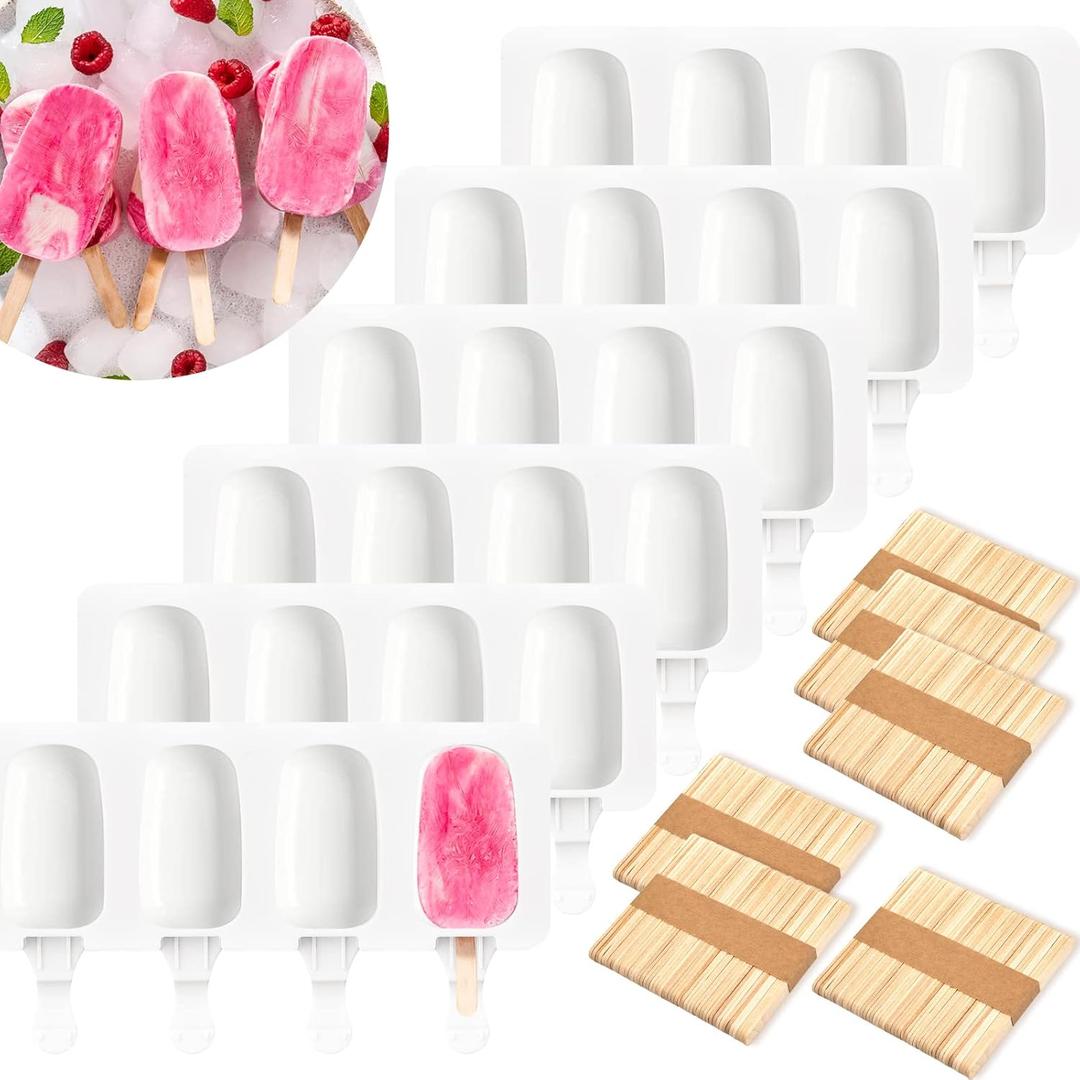 6 Set Small Silicone Popsicle Molds Ice Cream Mould 4 Cavity Ice Lolly Mold White Oval Cake Pop Mould with 300 Pieces Wooden Sticks for DIY Cream Popsicle Cake, White