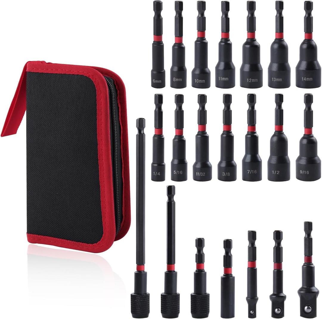 21PCS Magnetic Nut Driver Set for Impact Drill, 1/4" Hex Shank, Metric & SAE Magnetic Impact Drill Driver Bit and Socket Adapter, Magnetic Bit Holder, Quick Release Extension with Storage Bag