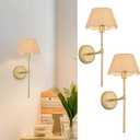 Boho Wall Sconces Set of Two, Gold Hardwired Vintage Wall Lamps with Rattan-Pattern Fabric Shade, Rustic Wall Light Fixtures for Bedroom Living Room Restaurant Hallway