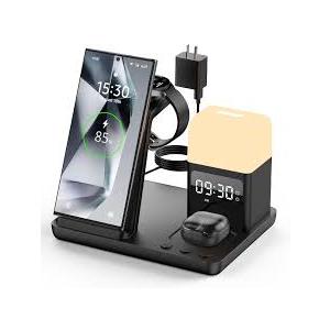 Wireless Charger for Samsung/Android Charging Station, 6 in 1 Fast Watch Charger with Alarm Clock-Night Light, Compatible for Galaxy S25 Ultra/S24, Only for Samsung Watch8/7, Galaxy Buds3 Pro