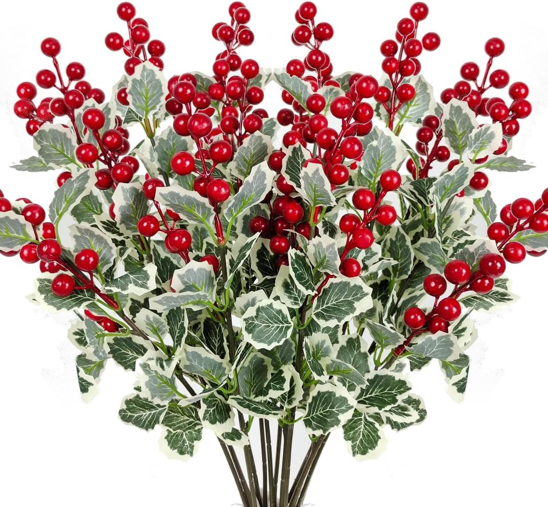 10 Pcs Christmas Flowers Artificial Red Berry Picks Decor, Holly Berries Stems, Christmas Tree Decoration, Winter Bouquet Silk Floral Arrangements Home Outdoor Indoor Ornaments