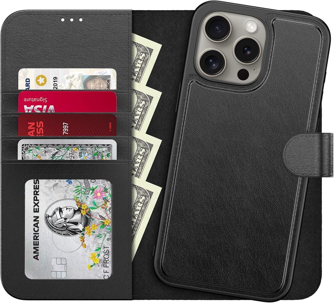LUMARKE Designed for iPhone 15 Pro Max Wallet Case - Detachable Flip Folio Cover - RFID Blocking 4 Card Slots Holder - Premium Leather Magnetic Kickstand - Protective Phone Case 6.7", Black