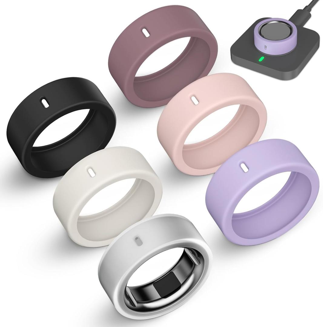 6 Pack Ultra-Thin Cover Compatible with Oura Ring Gen 4/4 Ceramic/Gen 3 Horizon/Heritage/Ultrahuman, Support Charging with Cover on, Anti-Scratch Elastic Silicone Rings Protector Accessories Men Women (M for 8/9/10/11, Black+Clear+Starlight+Lightpurple+Pink+SmokeViolet)
