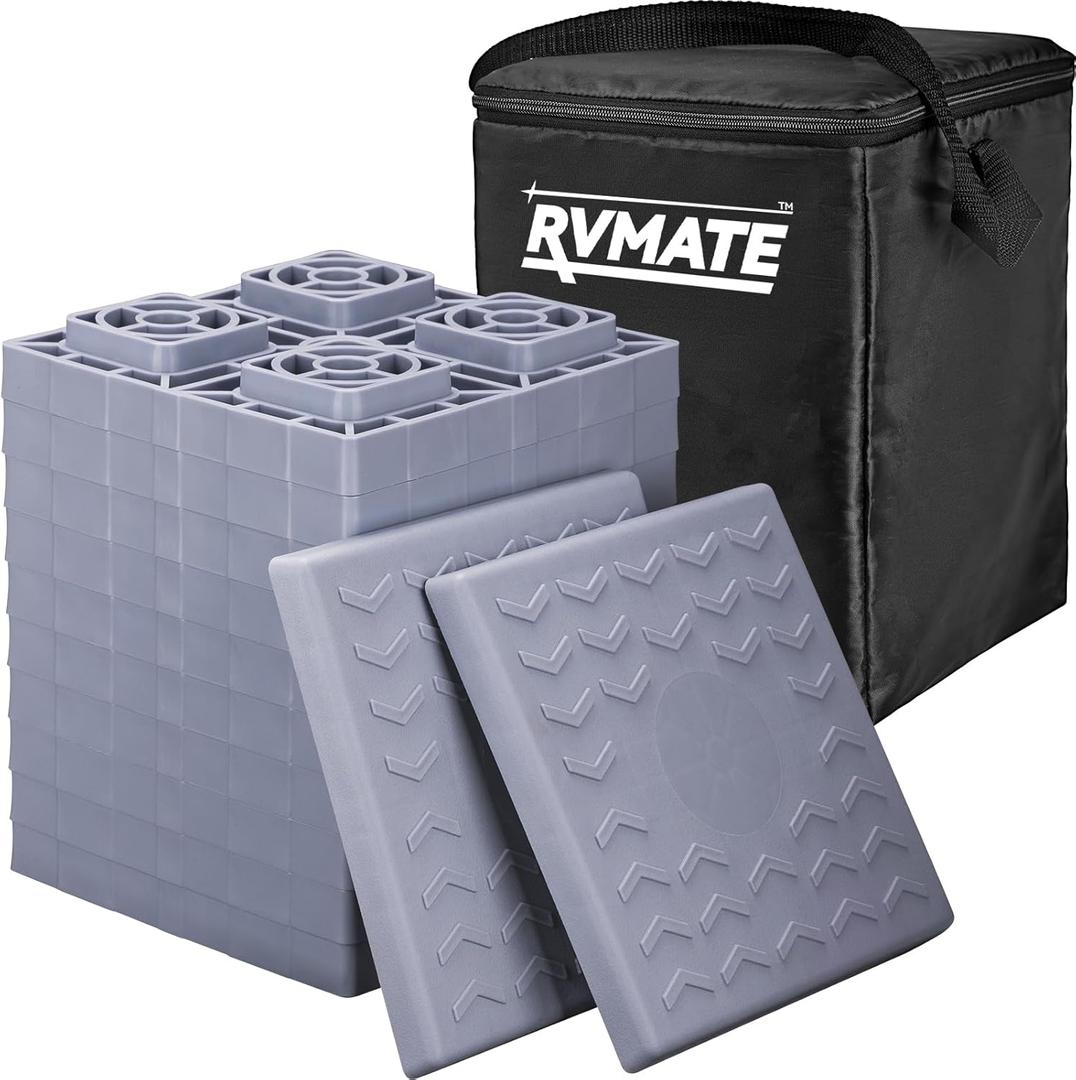 RVMATE RV Leveling Blocks 12 Pack, Heavy Duty Camper Leveling Blocks, Leveling Blocks for RVs, Reduce Trailer Movement, Trailer Leveling Blocks Great for Single and Dual Wheels, Grey