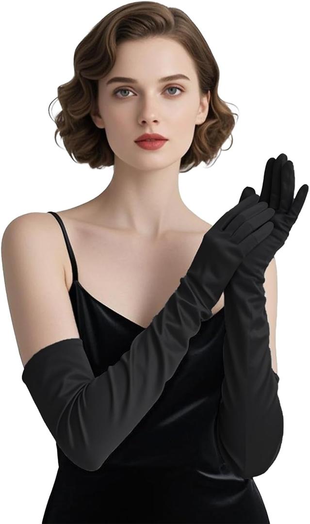 THARAHT Women Long Gloves with Satin Elbow Length for 1920s Opera Tea Party Costumes Bridal Evening Dress (Black)