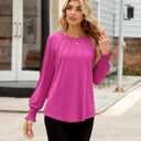 Long Sleeve Shirts for Women 2026 Spring Dressy Casual Blouses Pleated Crewneck Tunic Tops for Leggings Cute Tee (XX-Large, Hot Pink)