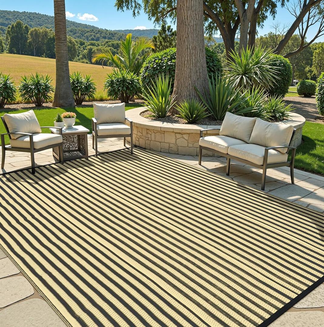 LEEVAN Waterproof Outdoor Rug 8x10 Black and Brown Patio Rug Clearance Large Plastic Straw Backyard Area Rug Striped Camping Outside Mat for Picnic, RV, Deck, Bench, Balcony