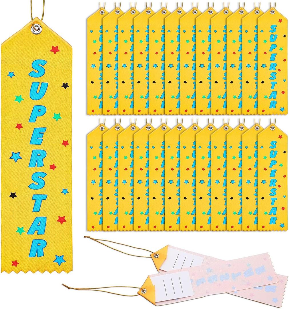 Wavwavw 100 Pcs Superstar Award Ribbons Bulk 8" x 2" Prizes Ribbons with Event Card and String Award Prize Gift for Tournaments Competitions Party Classroom Home Study Supplies
