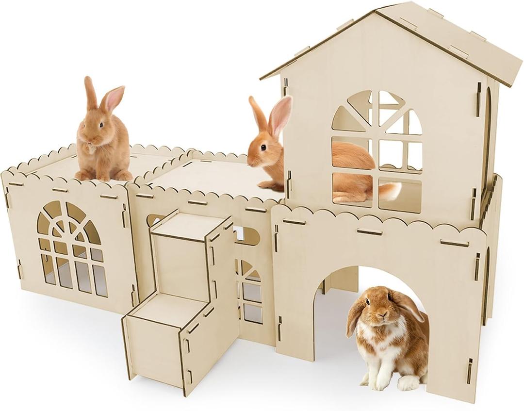 Extra Large Wooden Bunny Castle, Ventilated Rabbit Castle Hideaway with Stairs, Detachable Small Animal Hideout & Habitats for Indoor Outdoor Dwarf Rabbits Bunnies to Hide & Play