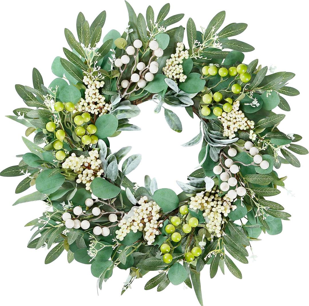 Sggvecsy Artificial Eucalyptus Wreath for Front Door 20 Inch with Greenery Leaves Lambs Ear White Berries for Spring Summer Farmhouse Window Porch Wall Home Indoor Outdoor Decor