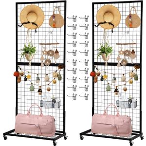 Eastern Tree Grid Wall Panels, Black Gridwall Panel Display Stand with a Baseplate, Grid Wall Display Rack, Grid Panels for Retail Display with 20 Hooks, 2 Packs 2.5'x 6'
