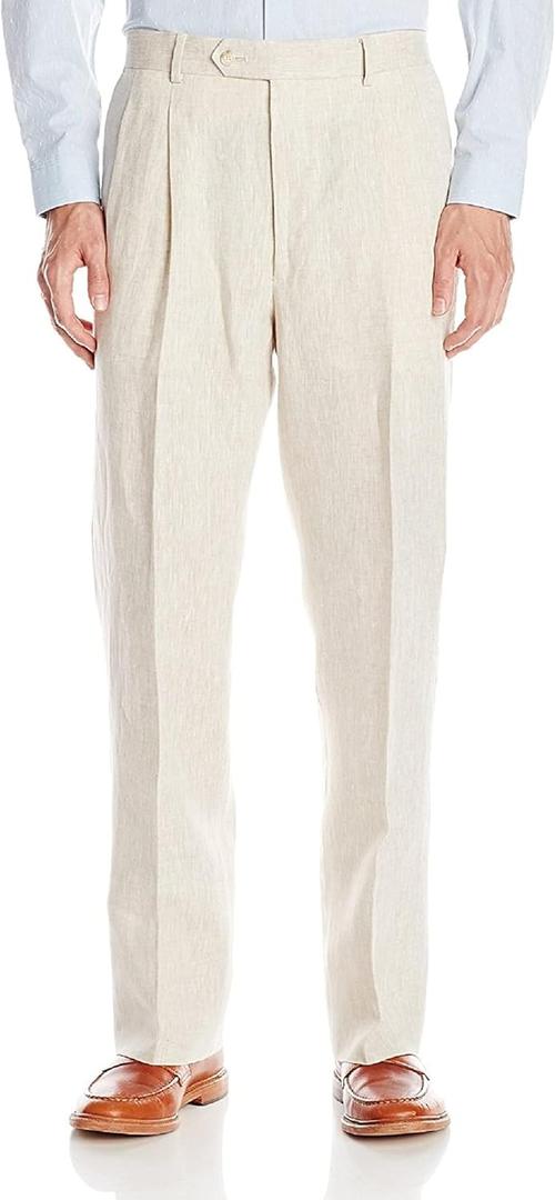 Mens Regular Fit Delave Linen Double Reverse Pleated Pants (Natural, 36RG)