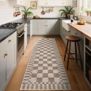 GarveeHome 2×6 Kitchen Runner Rug Non Slip Brown Checkered Rug, Washable Runner Rug for Hallway Soft Low-Pile Geometric Tan Brown Print Checkerboard Rugs for Entryway Kitchen Dining Room