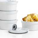 Ceramic Ramekins with Lids Oven Safe Set of 4, Baking Bowls for Dessert, Food Storage Bowls with Airtight Lids, Meal Prep Containers, Lunch Office Meal for Microwave and Freezer, White Ripple (12 oz)