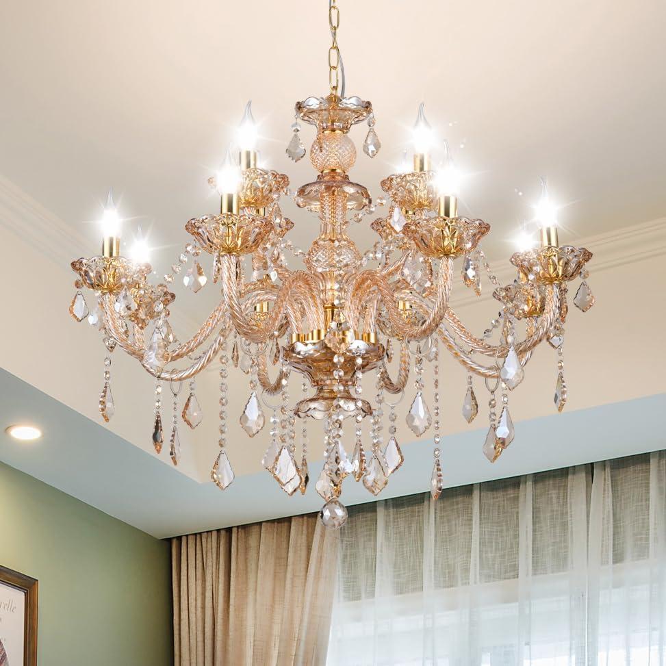 Luxury K9 Crystal Chandelier 12 Lights, Amber Gold Crystal Lighting Pendant Ceiling Fixture Modern Crystal Candle Chandeliers Lamp for Living Room, Kitchen, Foyer (12 Ligths)