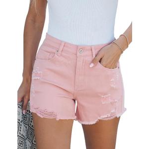 luvamia Jean Shorts for Women High Waisted Stretchy Distressed Denim Shorts Ripped Frayed Raw Hem Summer Casual Shorts (Pink, S)