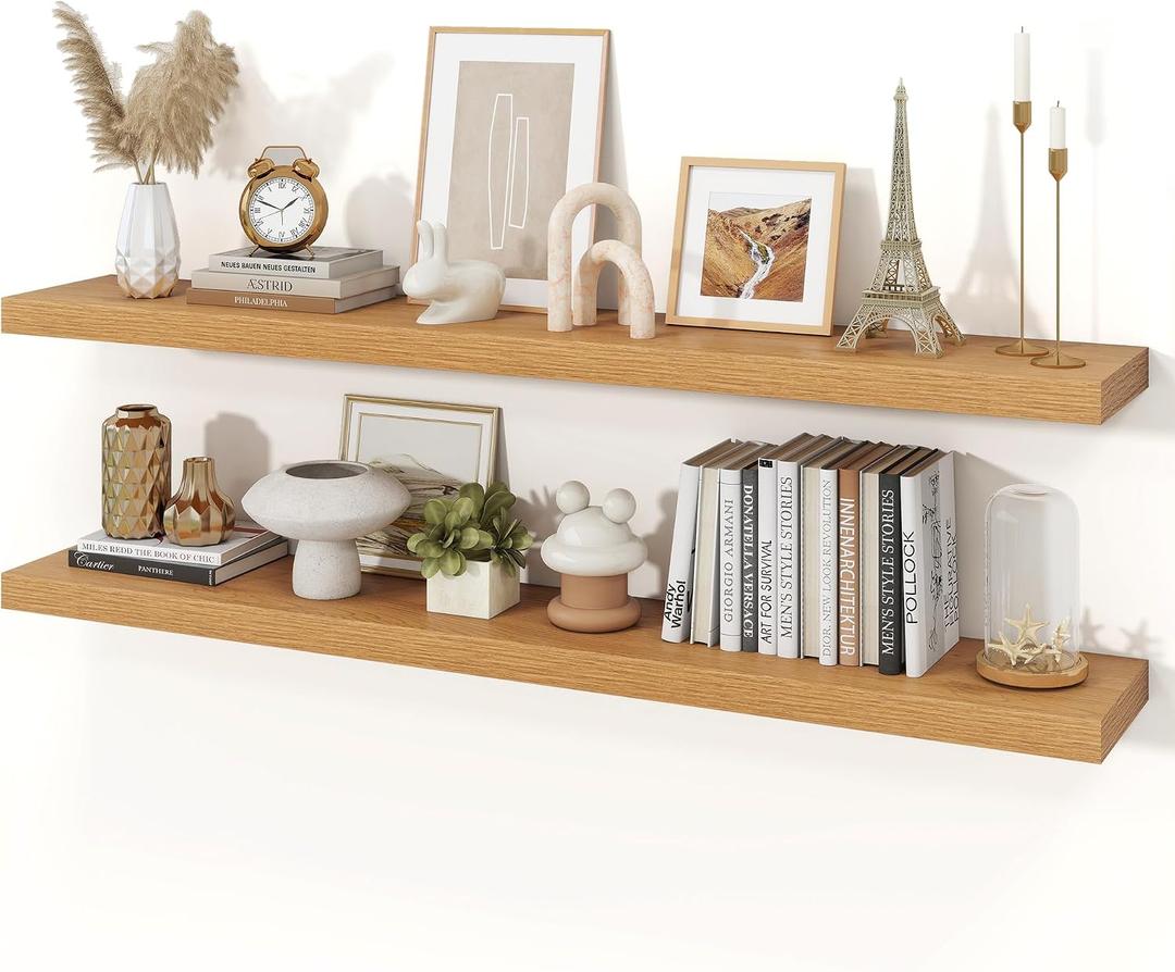 Floating Shelves for Wall, 9.3" Deep Wall Mounted Wood Shelves for Bathroom, Bedroom, Living Room, Kitchen, Hanging Shelf for Books/Storage/Room Decor (Oak, 55"), Set of 1