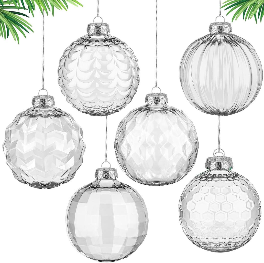 Wettarn 24 Pcs 4 Inch Clear Special Shaped Christmas Ornaments Balls Plastic Fillable Ornament for DIY Crafts Hanging Transparent Balls with Lid and Rope for Xmas New Year Wedding Party Decor