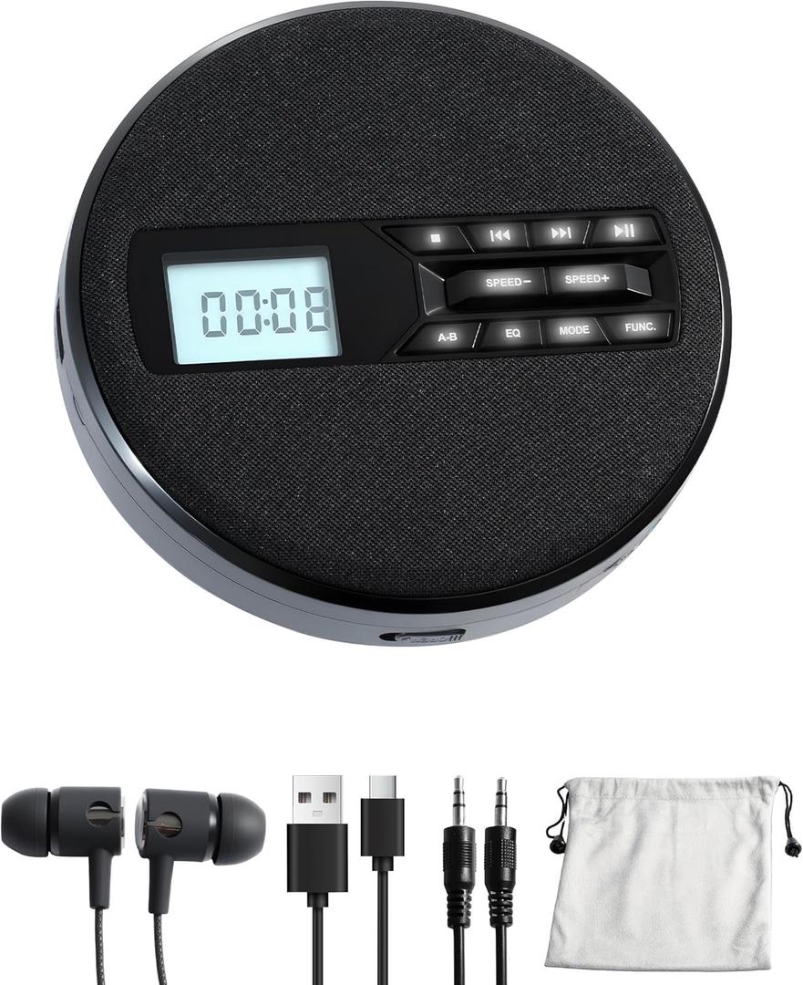 CD Player Portable with Speakers - Rechargeable Personal CD Player for Car and Home, Small Fabric Music Player with Backlit Display, Anti-Skip, AUX/USB Port - Ideal for Audiobooks & Gifts