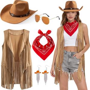 Cowgirl Outfits for Women Western Cow Girls Costume Tassel Fringe Vest Cowboy Hat and Accessories Set, L