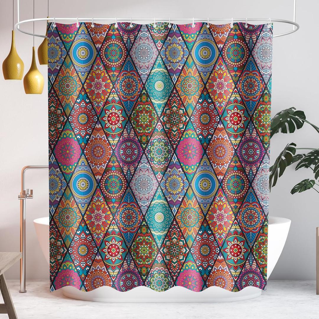 2 x SASTYBALE Boho Farmhouse Shower Curtain, Water Resistant Vintage Fabric Bathroom Curtains, Machine Washable Country Abstract Style for Bathtub Decor with 12 Hooks, 72x84 Inch